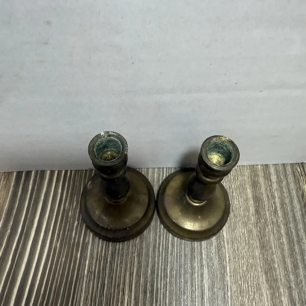 Vintage‎ dark patina brass miniature  Candlesticks pair